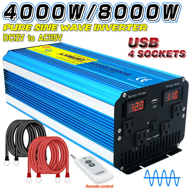 2000W/4000W Peak Double LED Pure Sine Wave Power Inverter DC 12V To 110V 120V AC